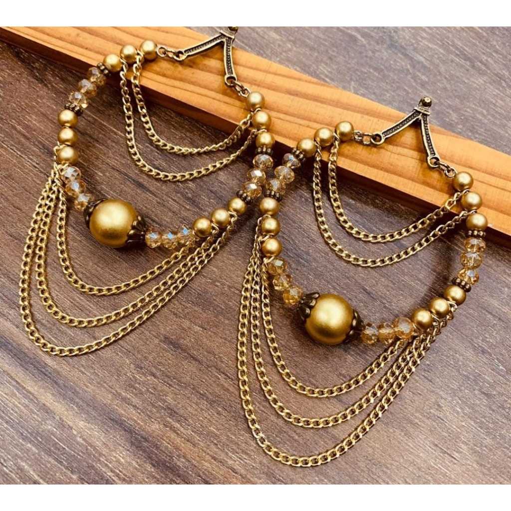 Brinco argola de contas com franja de corrente varias cores grande e leve