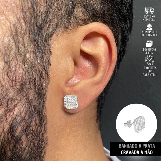 Brinco Quadrado Em Zircônia Cravejado Com 36 Pedras Masculino Unidade Banhado Prata 925