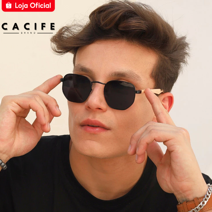 Óculos de Sol Hexagonal Premium Preto e Madeira Classico VIntage Mais Vendido uv400 Masculino