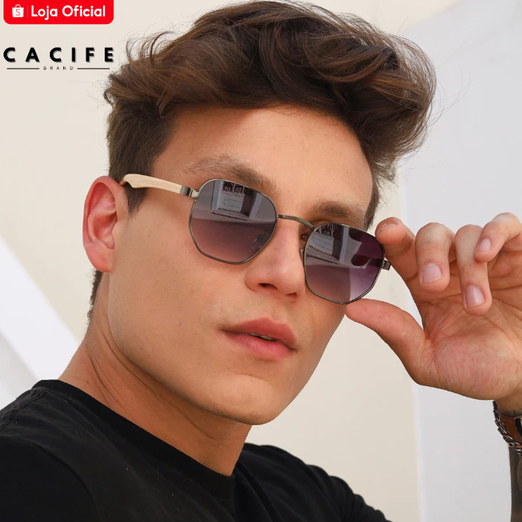 Oculos de Sol Hexagonal Grafite Hastes Bambu Classico Moda Praia Verão uv400 Feminino Masculino