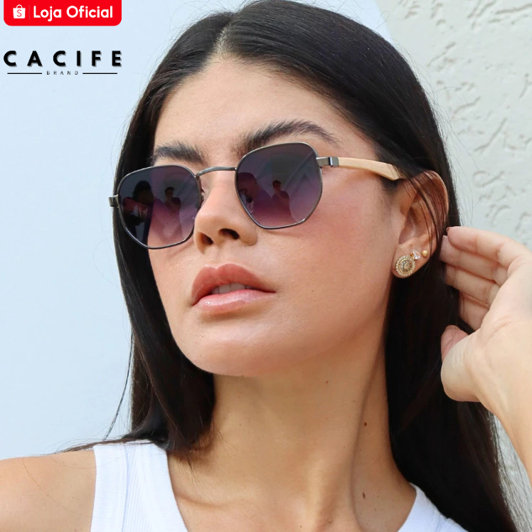 Oculos de Sol Hexagonal Premium Blogueira Classico Tendencia Grafite Degrade Madeira uv400 Feminino