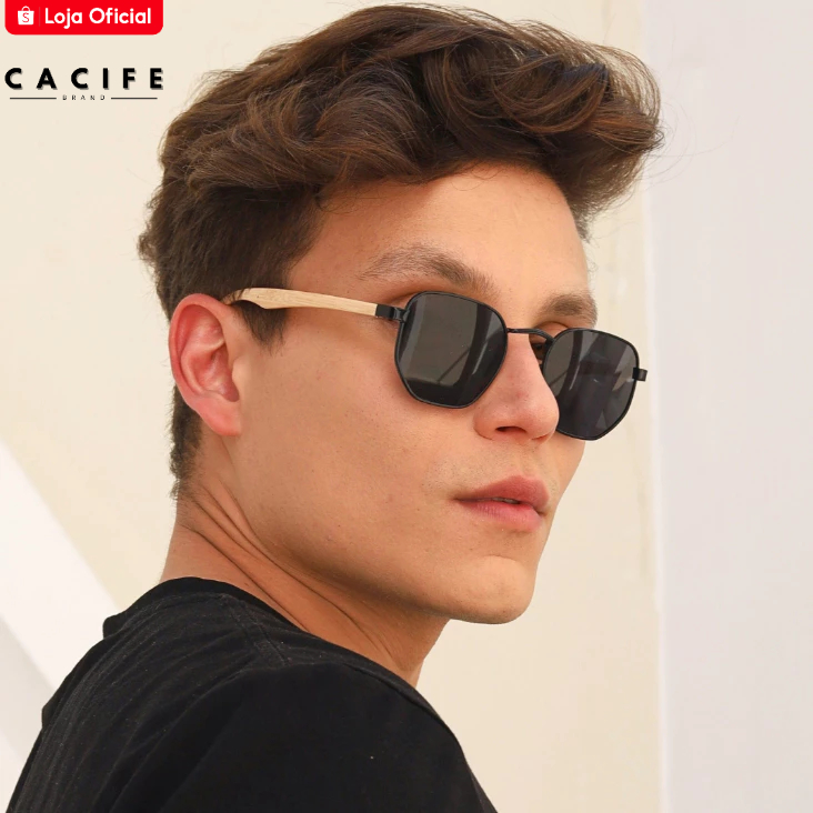 Oculos de Sol Hexagonal Preto e Madeira Premium Mais Vendido Classico uv400 Masculino Feminino