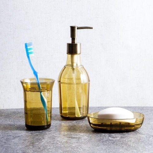 Kit de Banheiro Lavabo Âmbar com 3 Peças, Porta Escova, Porta Sabonete Liquido e em barra